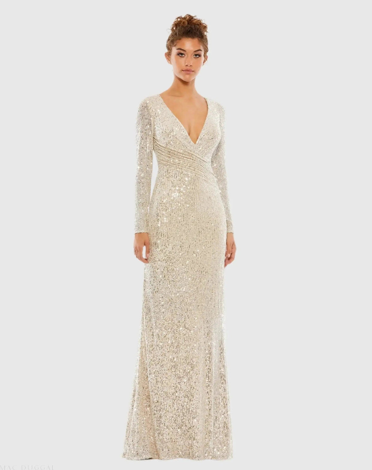 Sequined Faux Wrap Long Sleeve Column Gown
