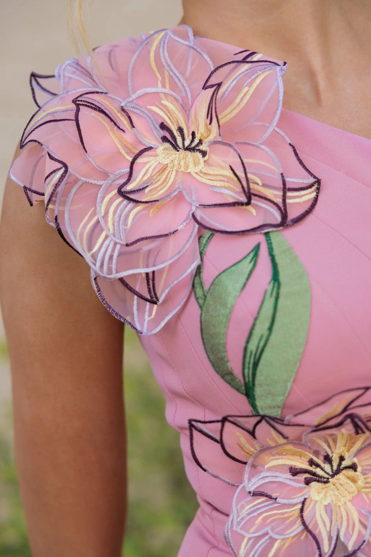 Orchid One Shoulder Floral Appliqué Gown