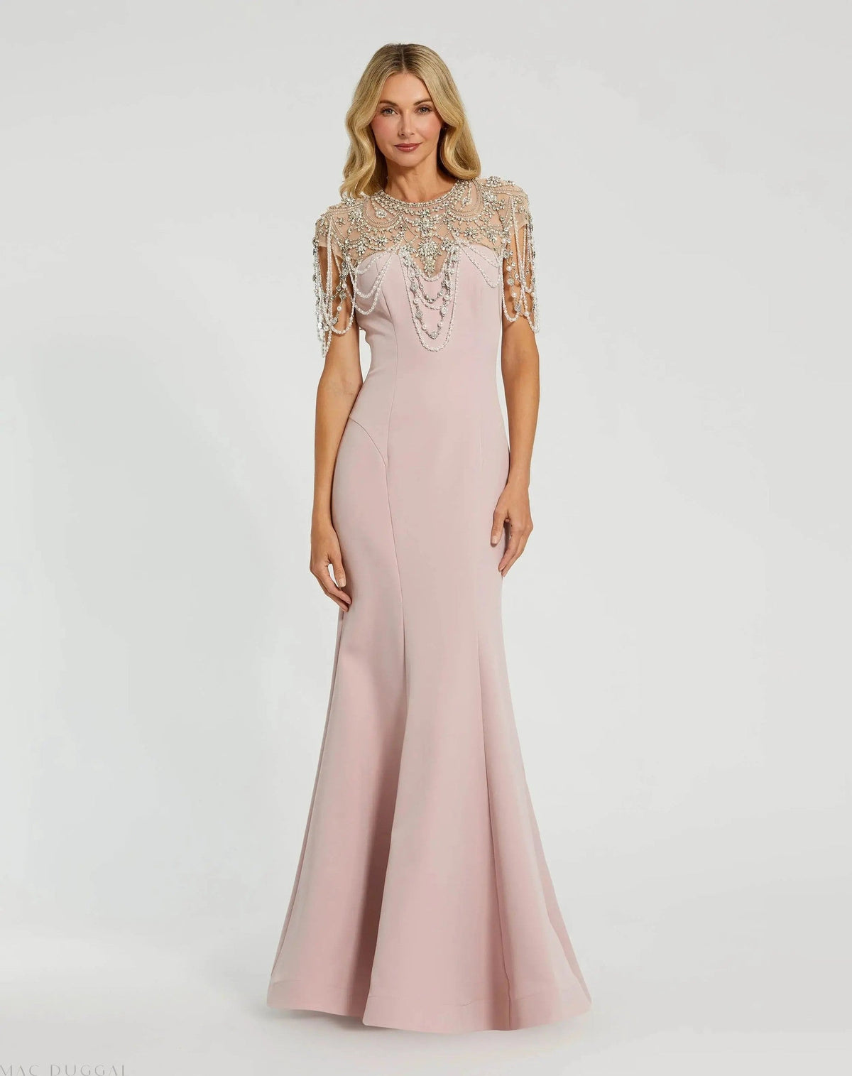 Draped Pearl Beaded Mermaid Gown