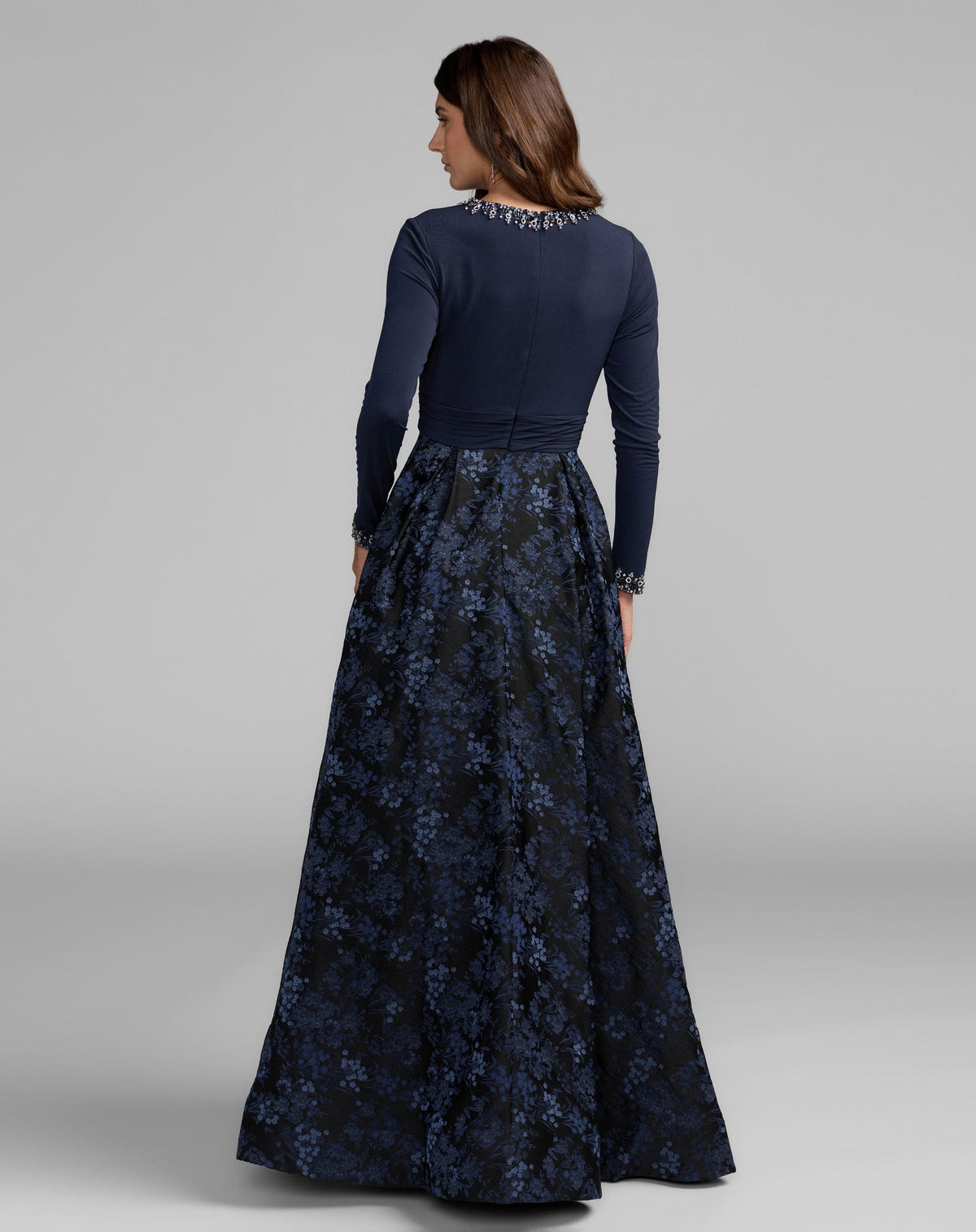 Petite Navy Floral Brocade A-Line Gown With Pockets
