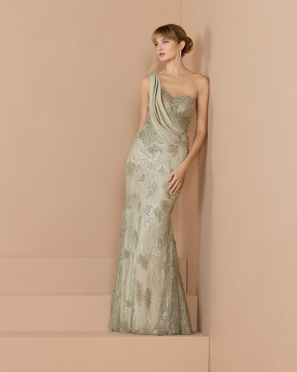 Sage Beaded One Shoulder Draped Mermaid Gown