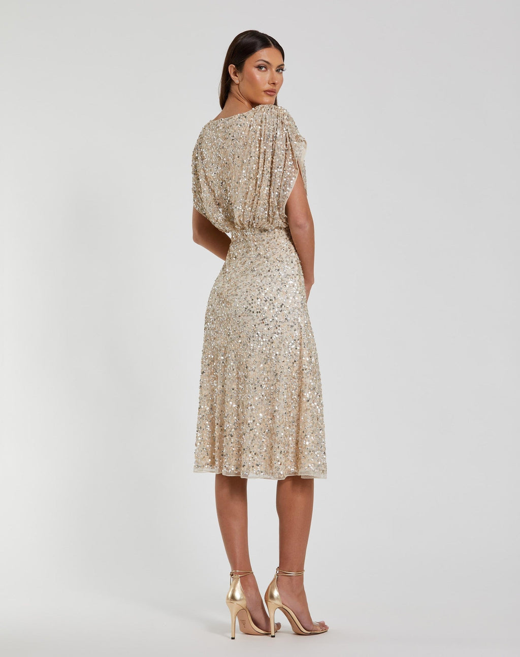 Beige Sequin Draped Sleeve V-Neck Midi Dress