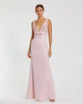 Blush Embellished Deep V-Neck Crepe Gown With Bow