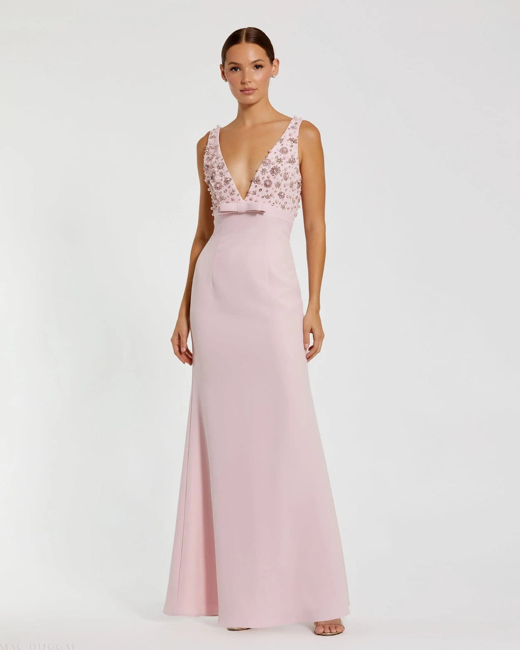 Sleeveless Embellished Crepe Gown With Bow