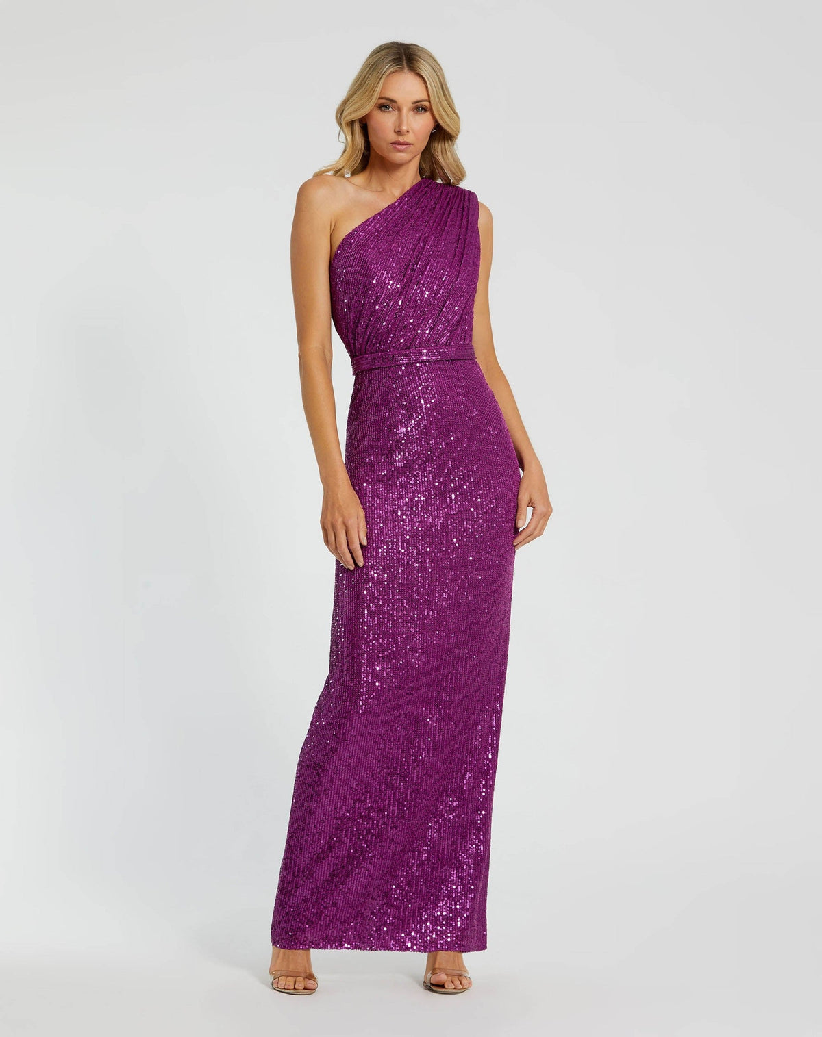 Sequined Ruched One Shoulder Gown