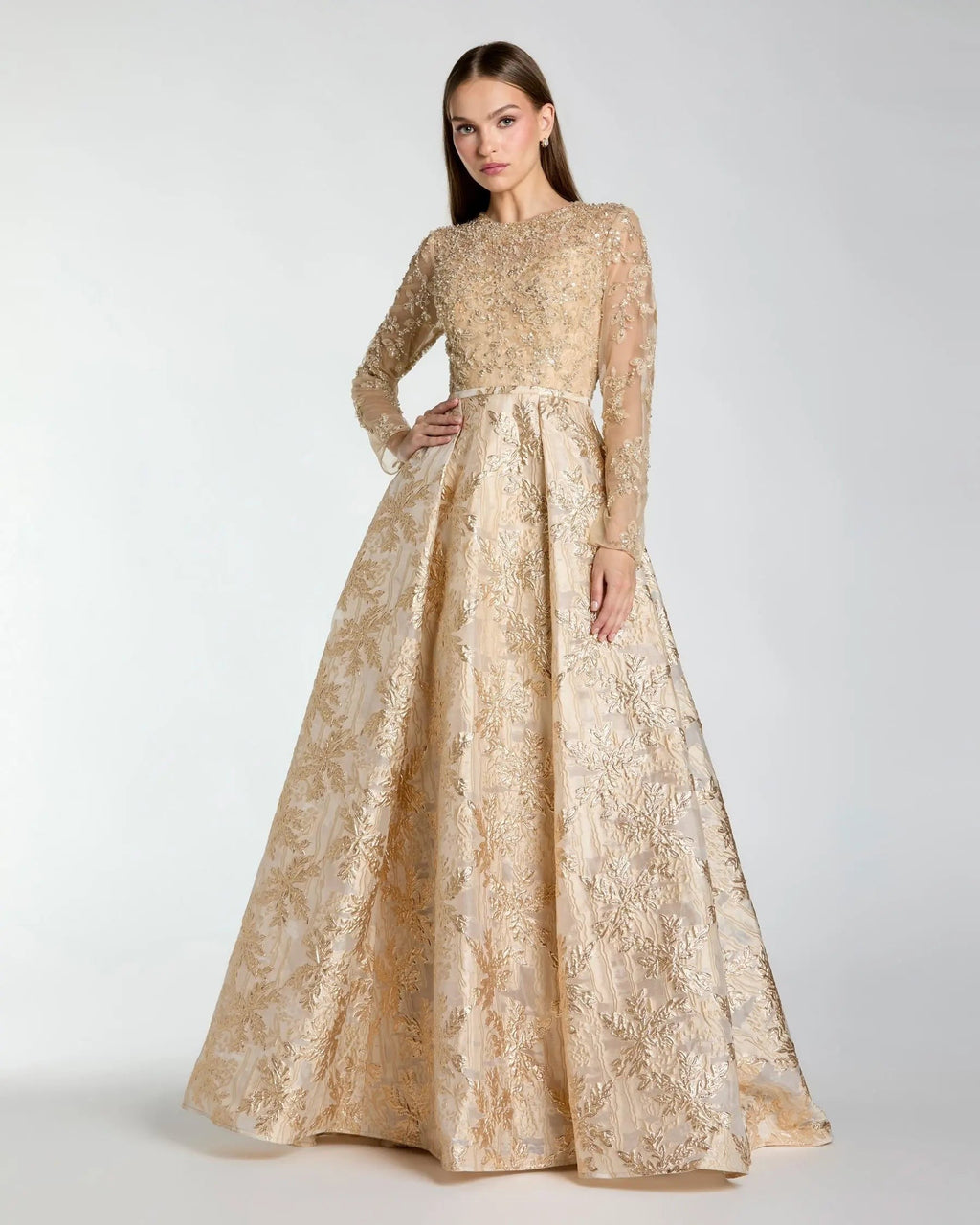 Light Gold Embellished Long Sleeve Brocade Ball Gown