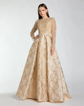 Light Gold Embellished Long Sleeve Brocade Ball Gown