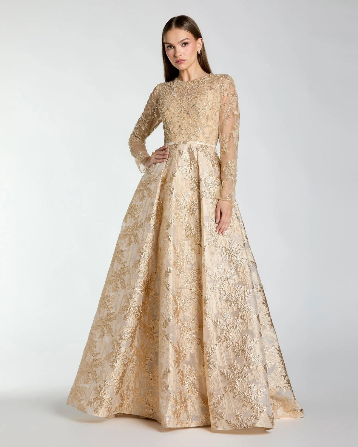 Light Gold Embellished Long Sleeve Brocade Ball Gown
