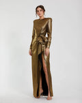 Gold Metallic Long Sleeve Gown With Bow