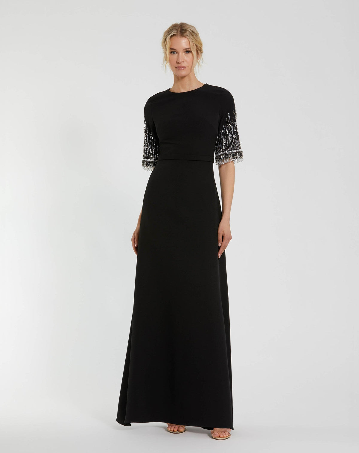 Petite Black Crepe A Line Gown With Beaded 3/4 Sleeves