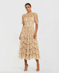 Beige Floral High Neck Midi Dress with Lace Trim