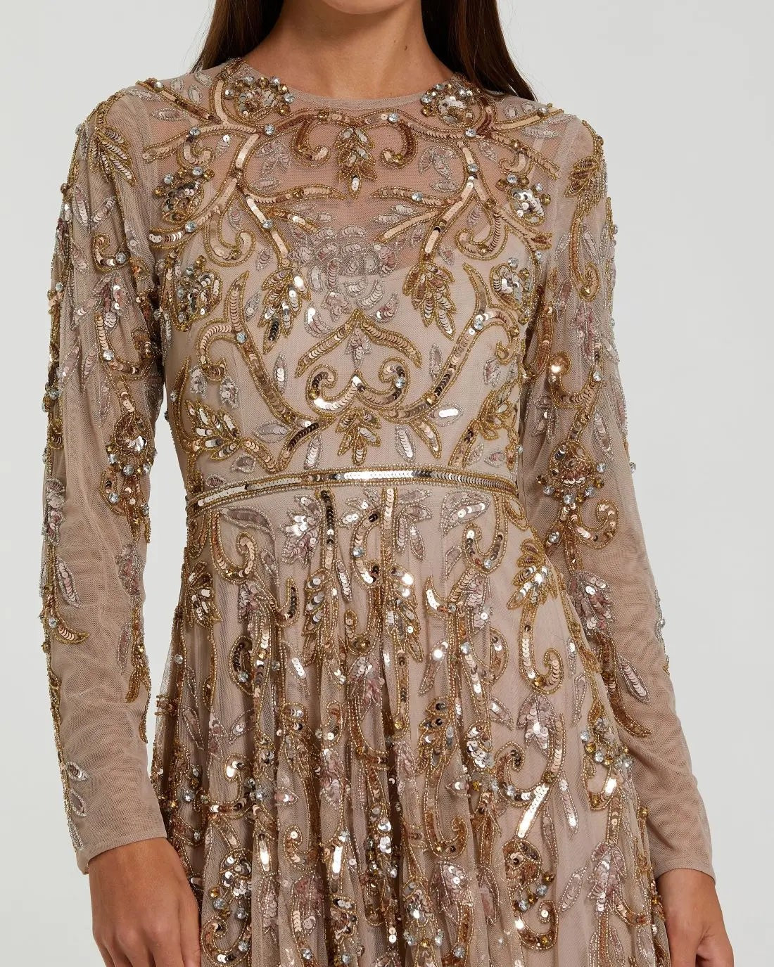 Beige Long Sleeve Hand Embellished Gown