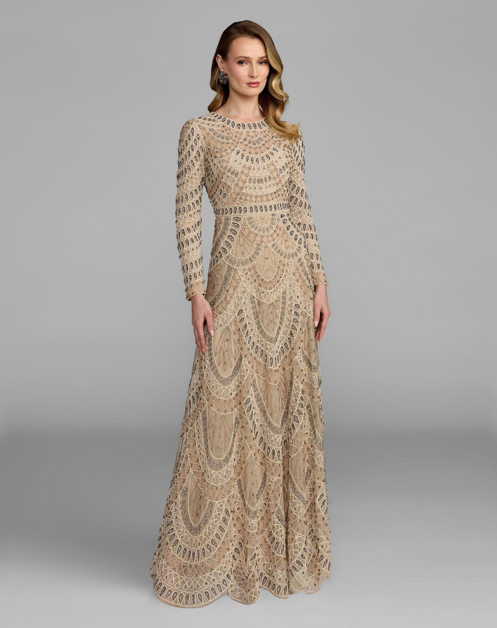 Beige Long Sleeve Hand Beaded A-Line Gown