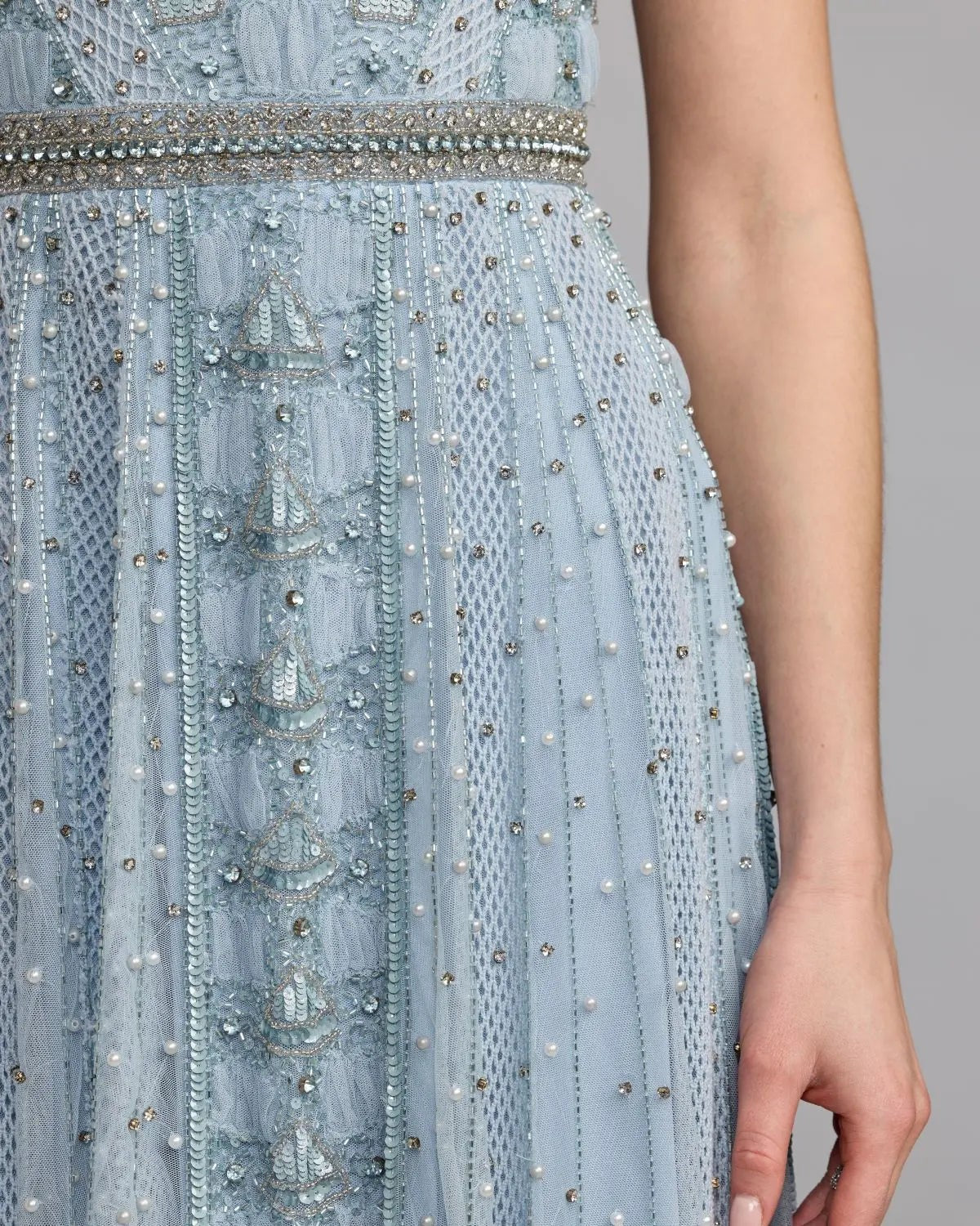 Slate Blue Short Sleeve Scoop Neck Embellished Gown