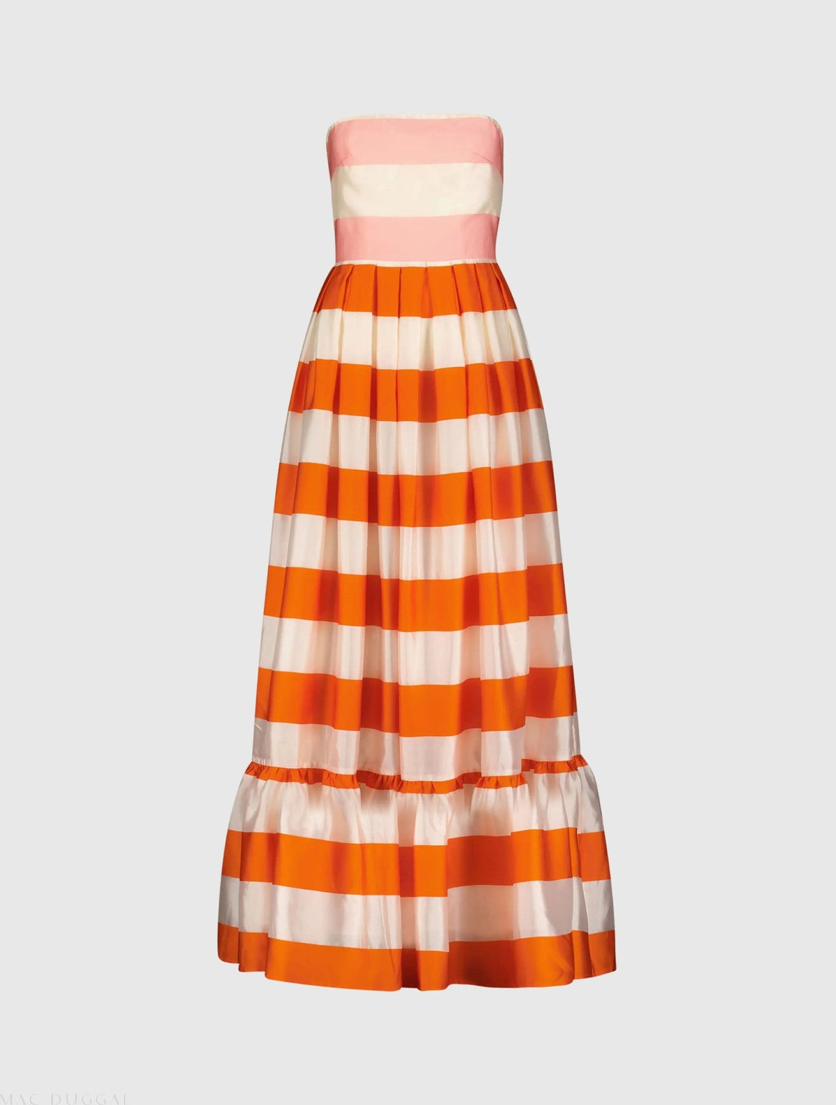 Multicolor Striped Organza Strapless Ruffle Gown