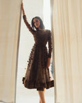 Brown Embellished Long Sleeve Velvet Trim A-Line Midi Dress