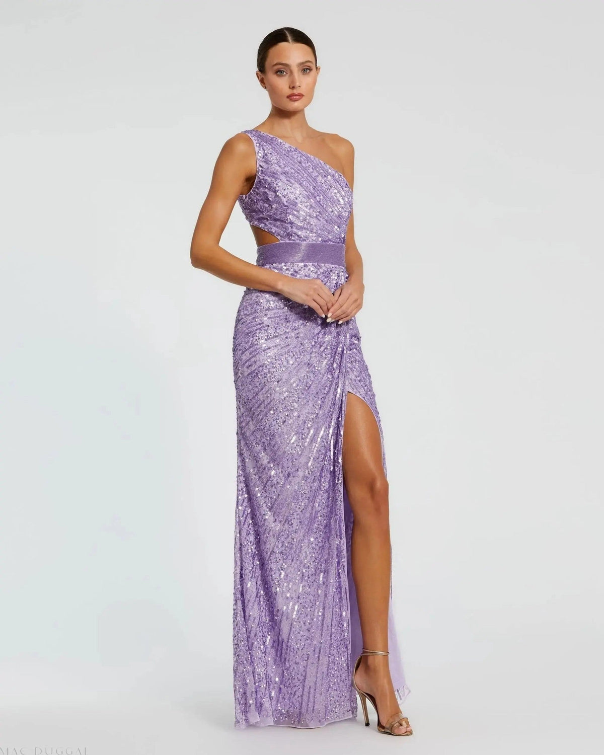 Sequined One Shoulder Draped Lace Up Gown