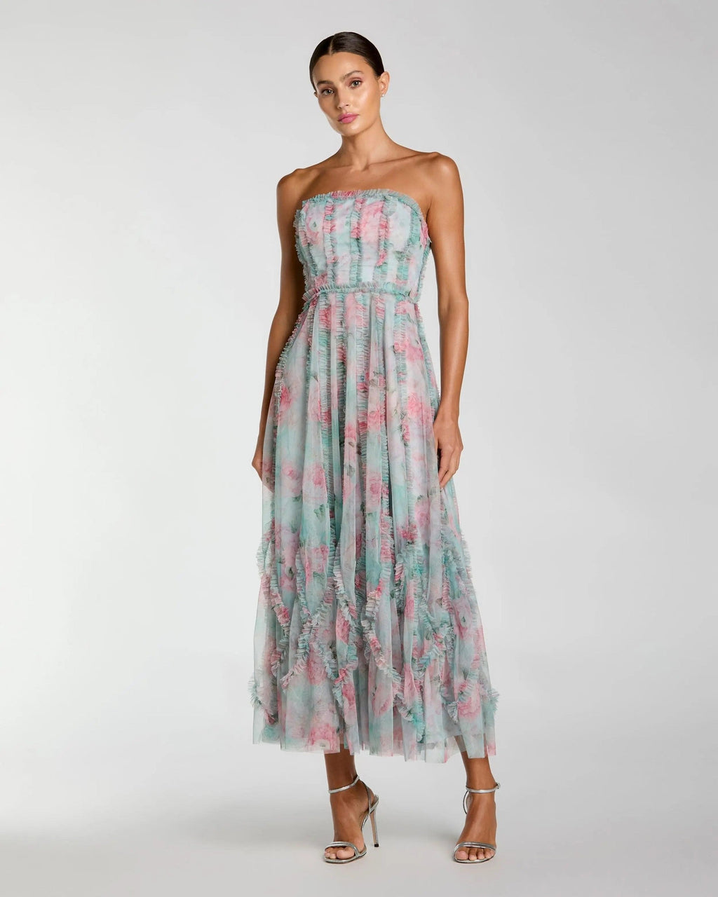 Aqua Multi Strapless Floral Print Ruffle Maxi Dress