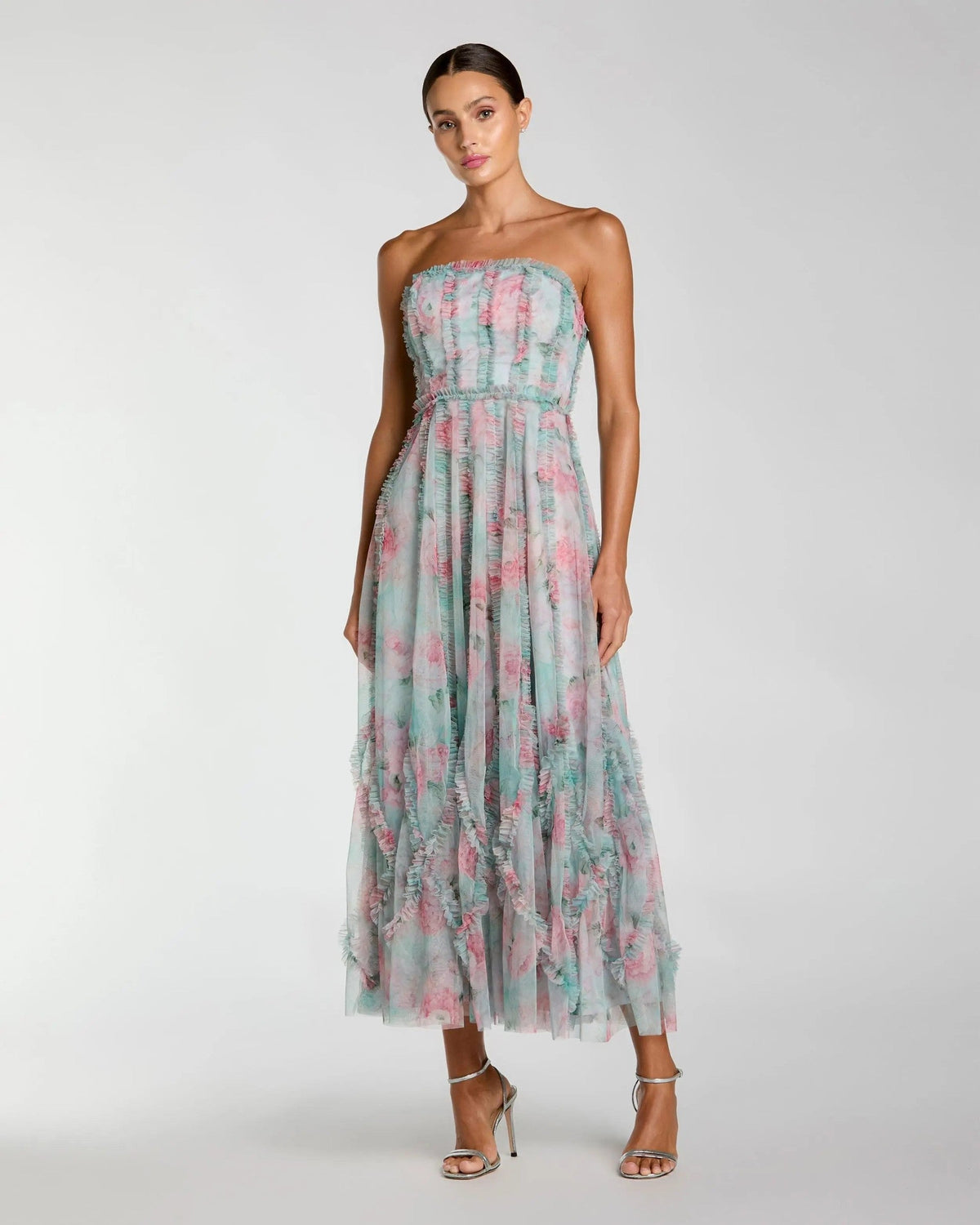 Aqua Multi Strapless Floral Print Ruffle Maxi Dress