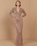 Petite Mocha Hand Beaded Long Sleeve Fringe Column Gown