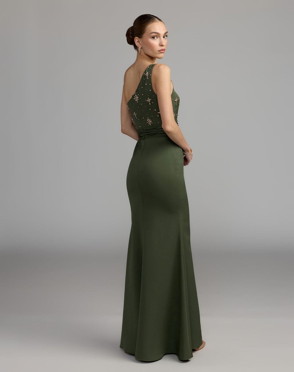 Forest Green Embellished One Shoulder Crepe Gown With Bow