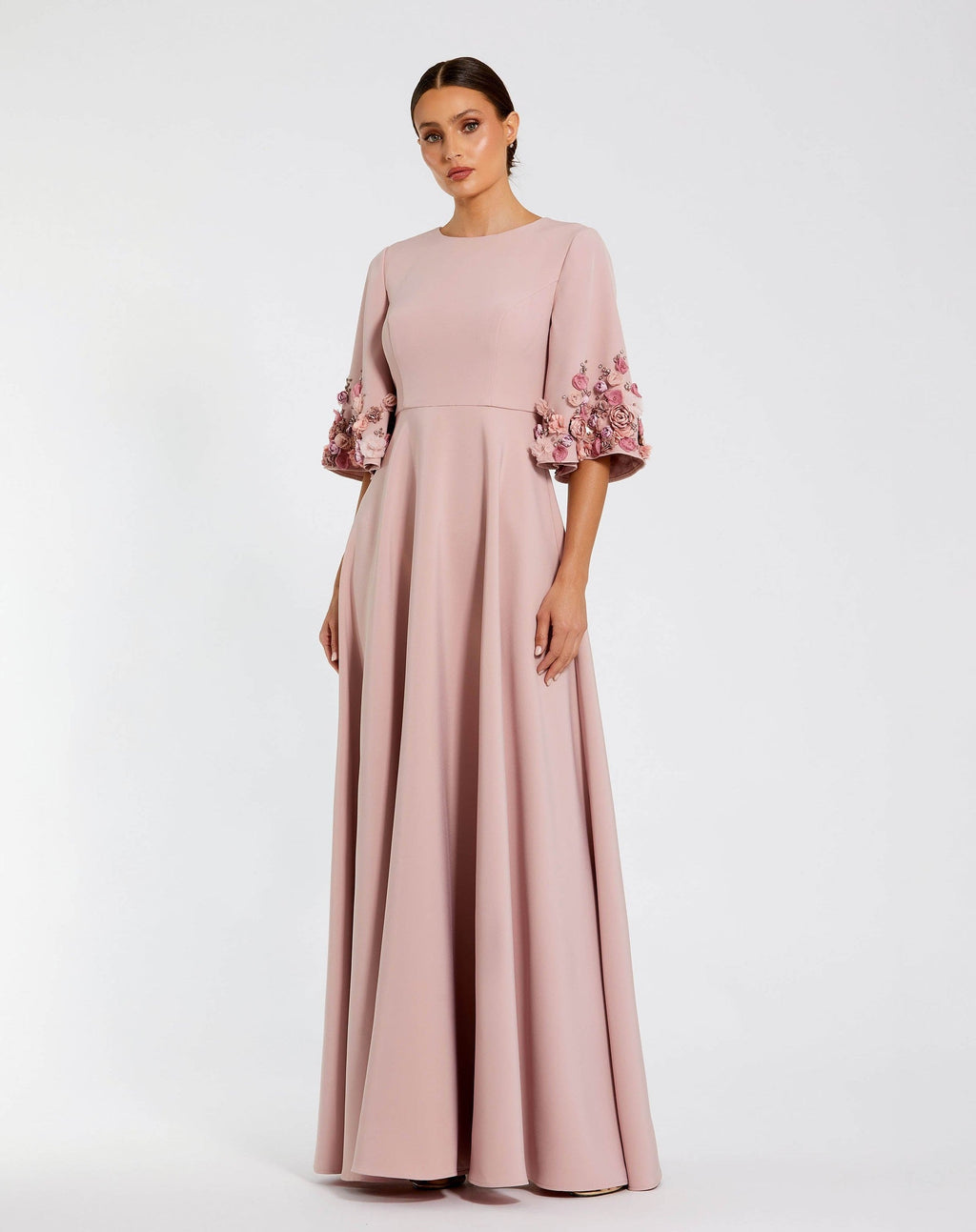 Petite Rose Pink Crepe 3/4 Sleeve A-line Gown With Flower Trim