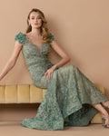 Sage Embellished Lace Illusion Neck Gown With 3D Flowers