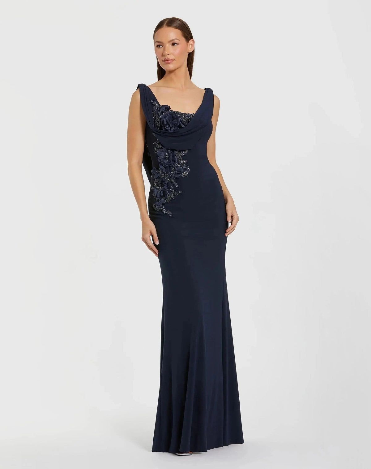 Navy Sleeveless Jersey Cowl Neck Gown With Beading