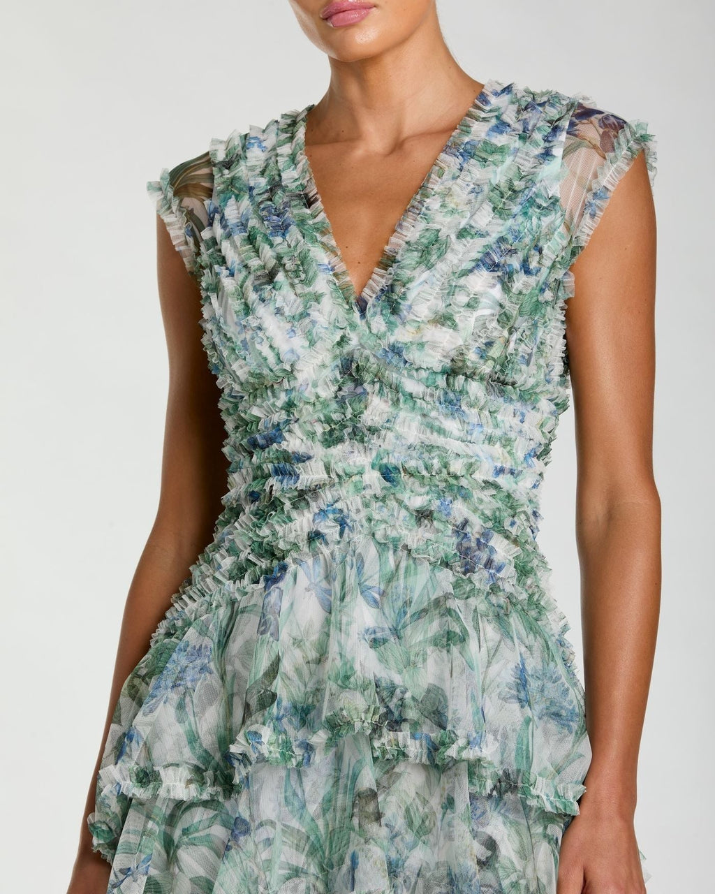 Blue Multi Floral V Neck Tiered Ruffle Maxi Dress