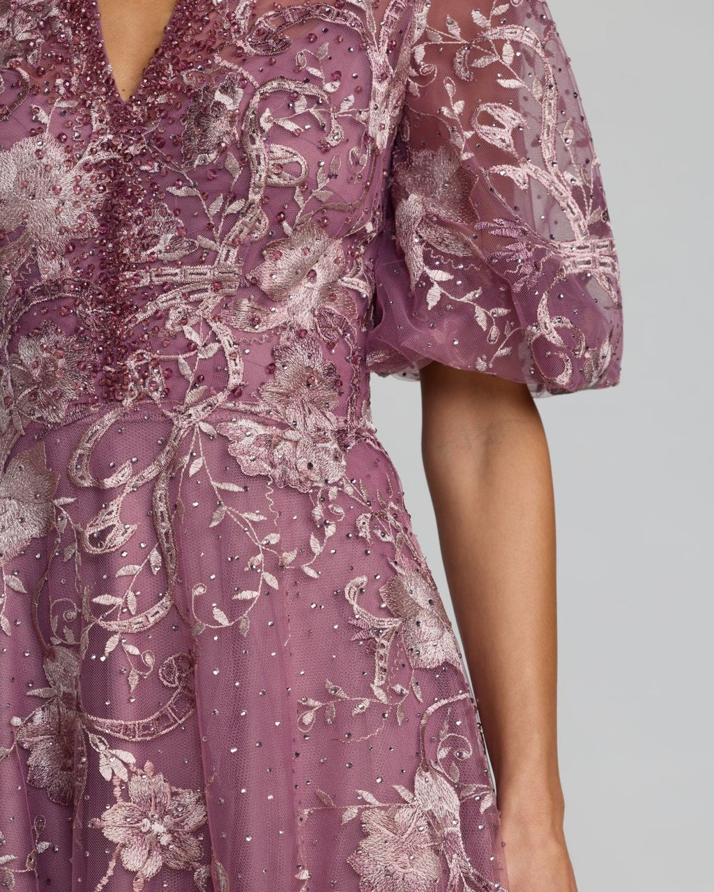 Wisteria Queen Anne Puff Sleeve Embroidered A-Line Gown