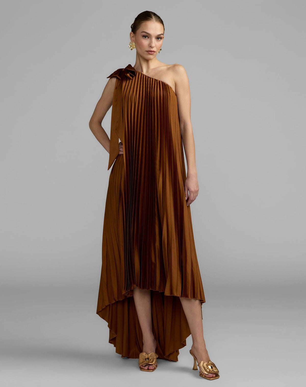 Nutmeg Pleated One Shoulder High Low Trapeze Gown