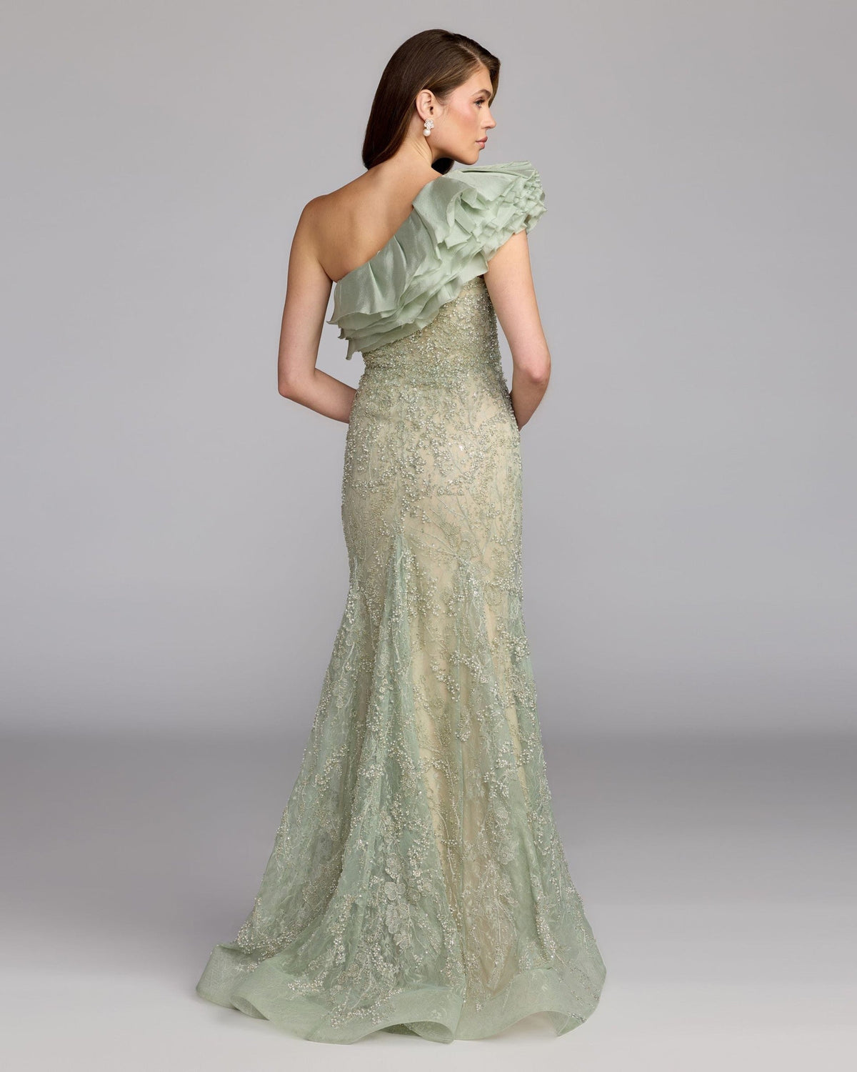 Sage Embellished Lace One Shoulder Trumpet Gown