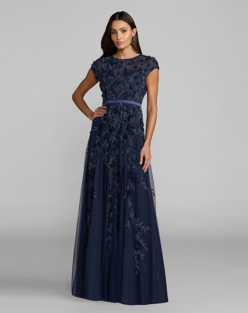 Floral Embellished Cap Sleeve Gown