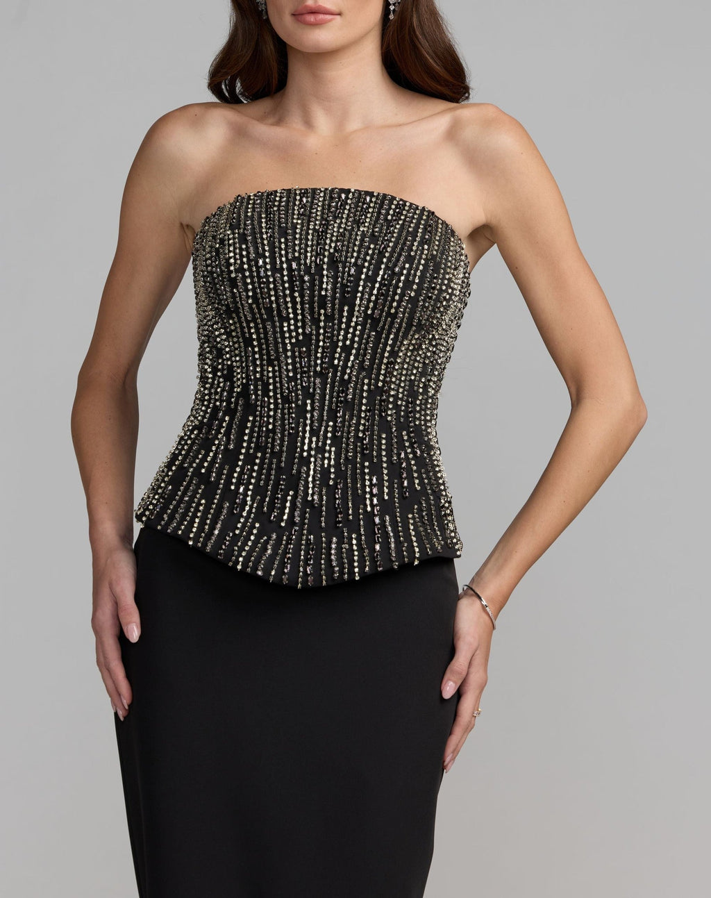 Black Embellished Crepe Strapless Column Gown