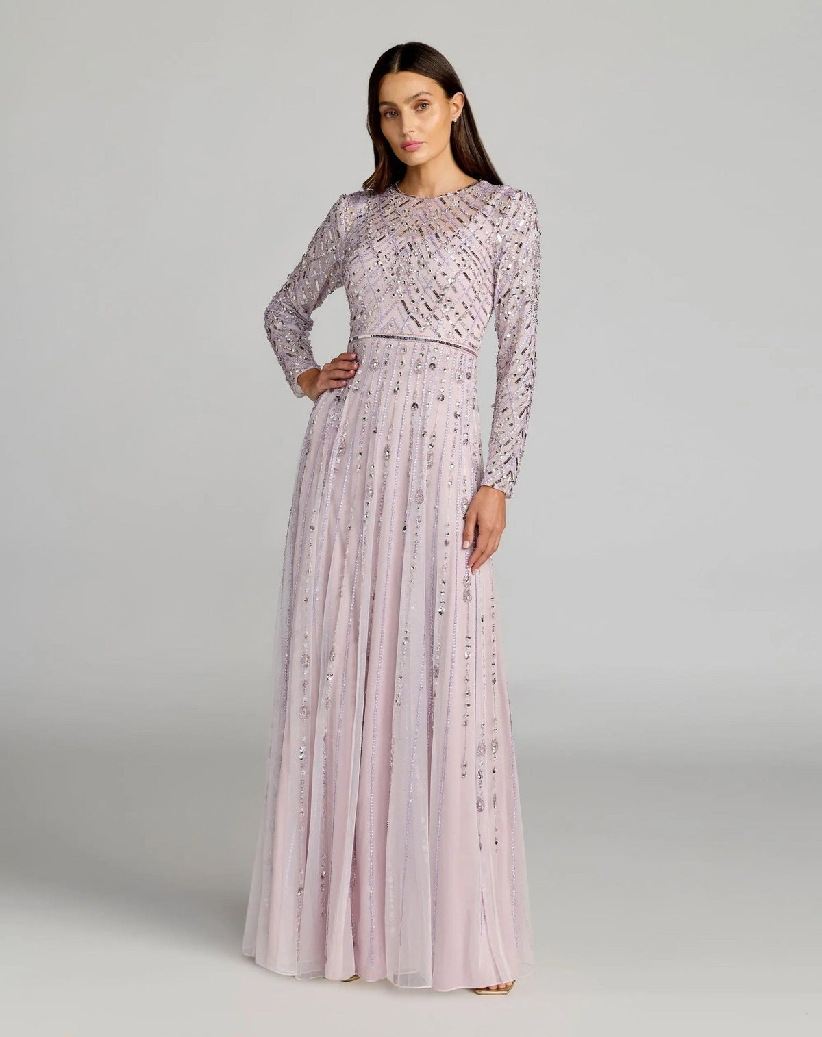 Purple Embellished Long Sleeve Evening Gown