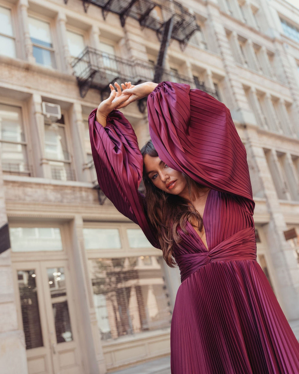 Wine Pleated Satin Long Sleeve Gown