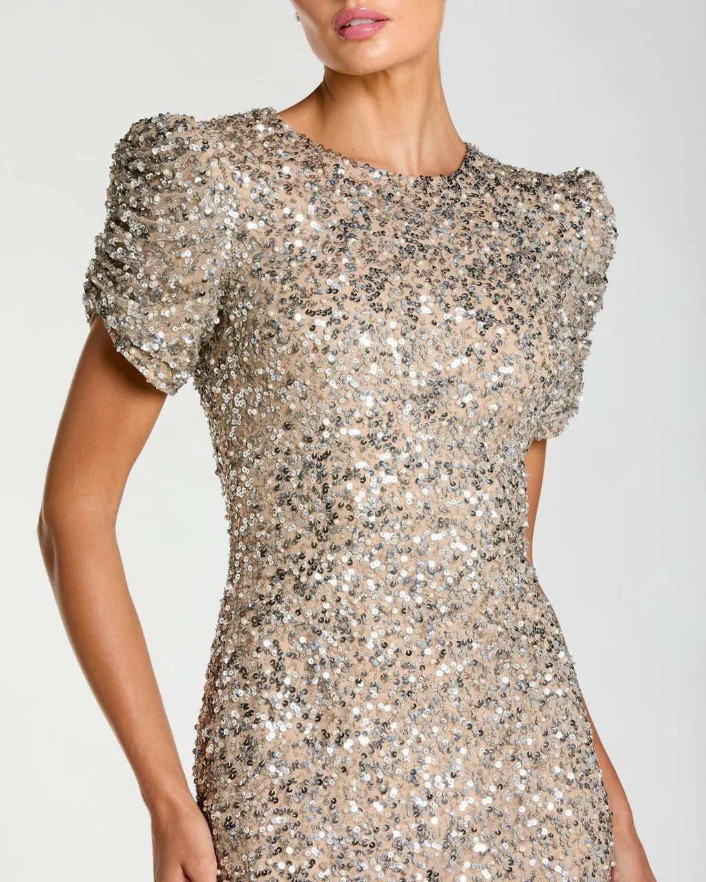 Nude Silver Gathered Short Sleeve Embellished Gown