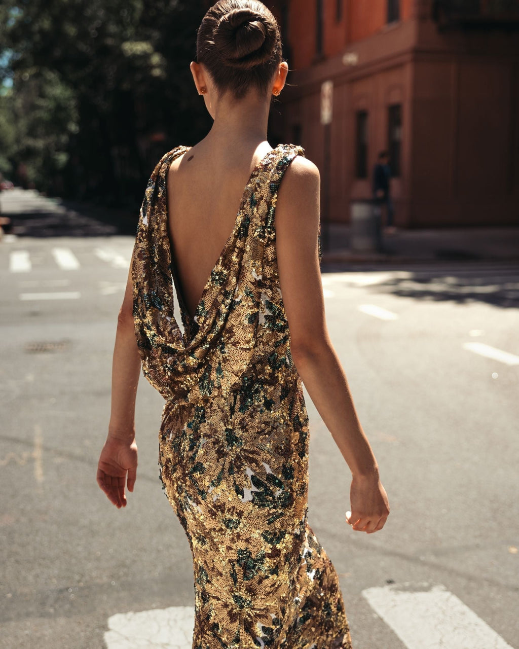 Chocolate Multi Floral Sequin Cowl Back Trumpet Gown
