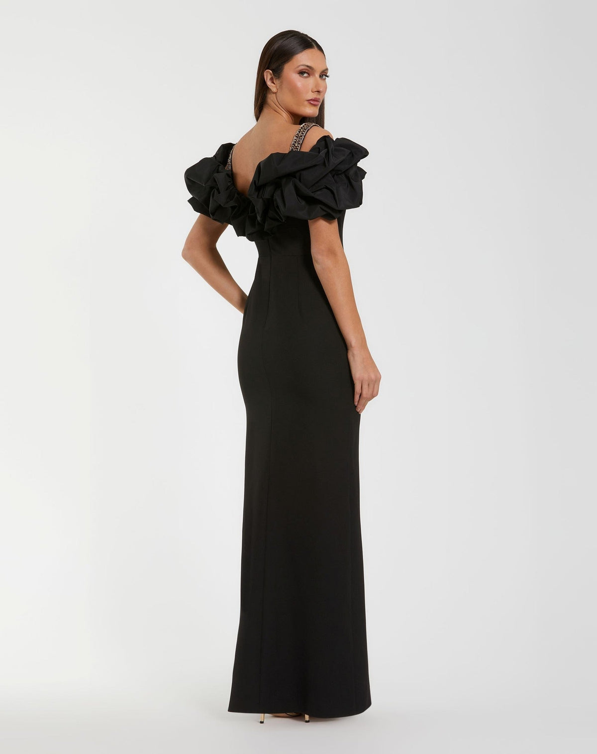 Black Ruffle Off The Shoulder Crepe Column Gown