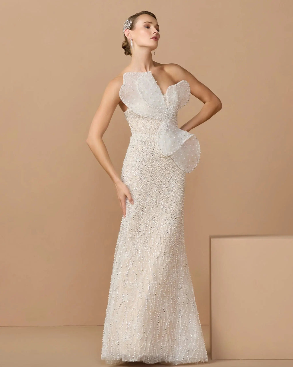 Ivory Nude Strapless Embellished Column Gown With 3D Petals