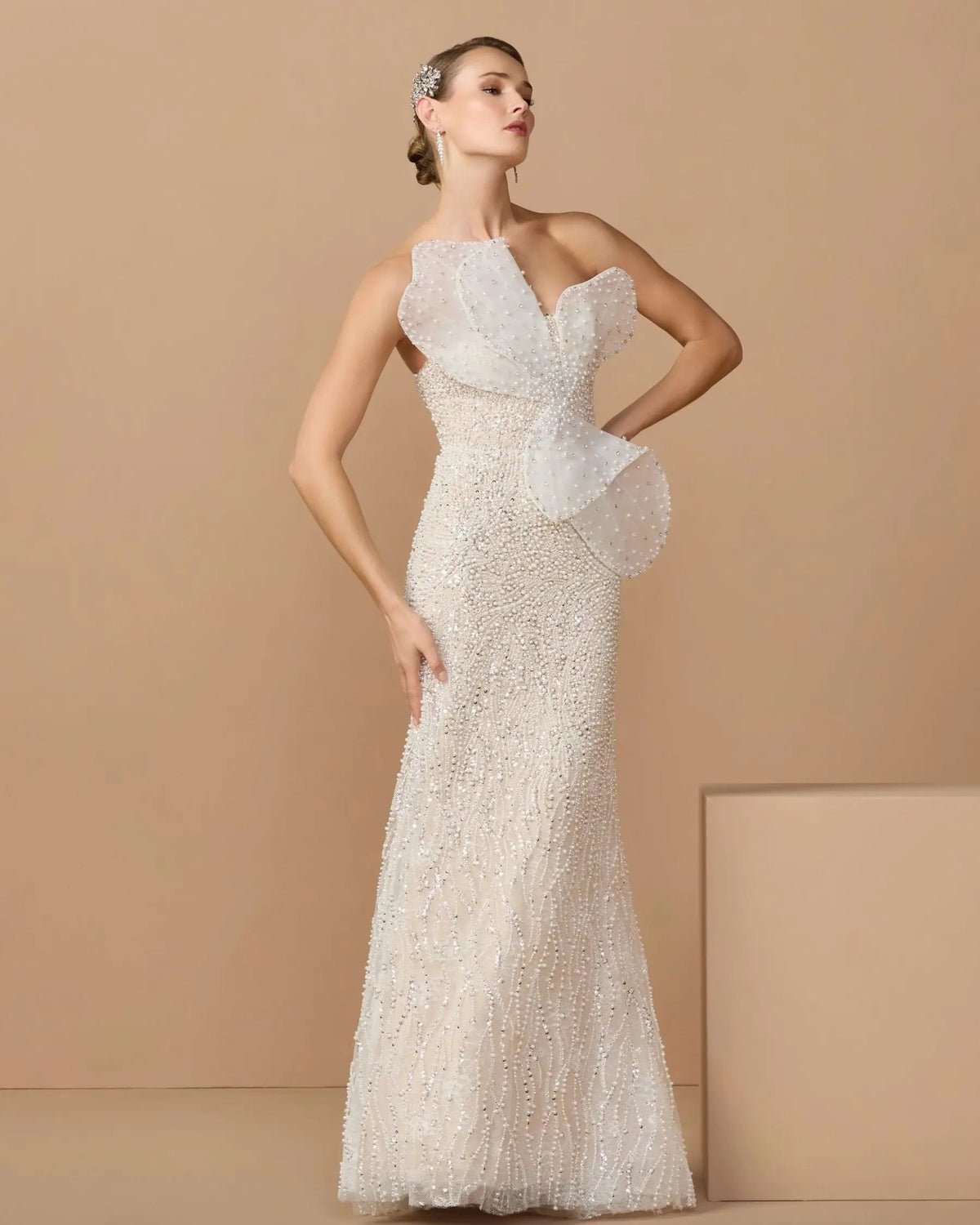 Ivory Nude Strapless Embellished Column Gown With 3D Petals