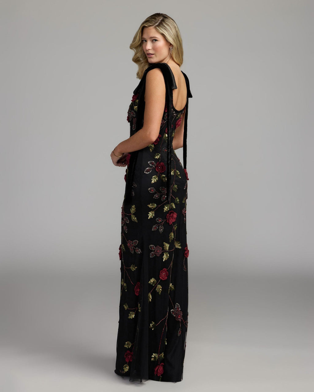 Black Red 3D Floral Embellished Gown With Velvet Bows