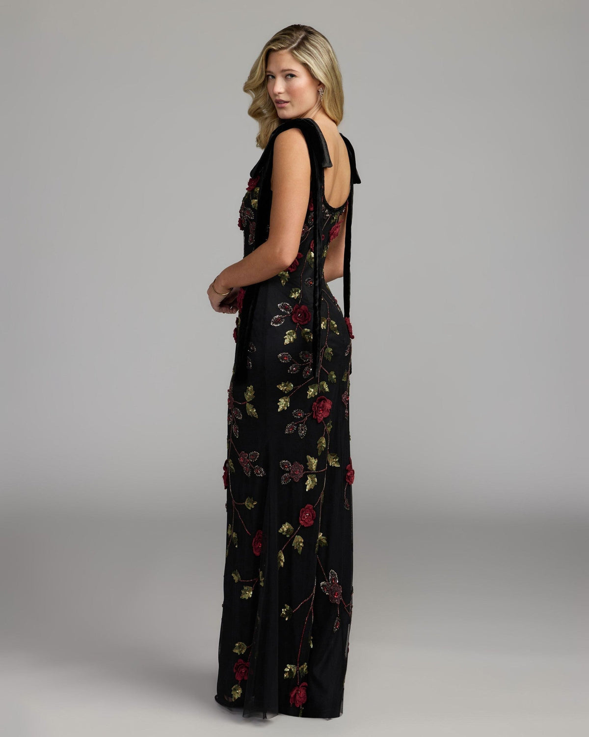 Black Red 3D Floral Embellished Gown With Velvet Bows