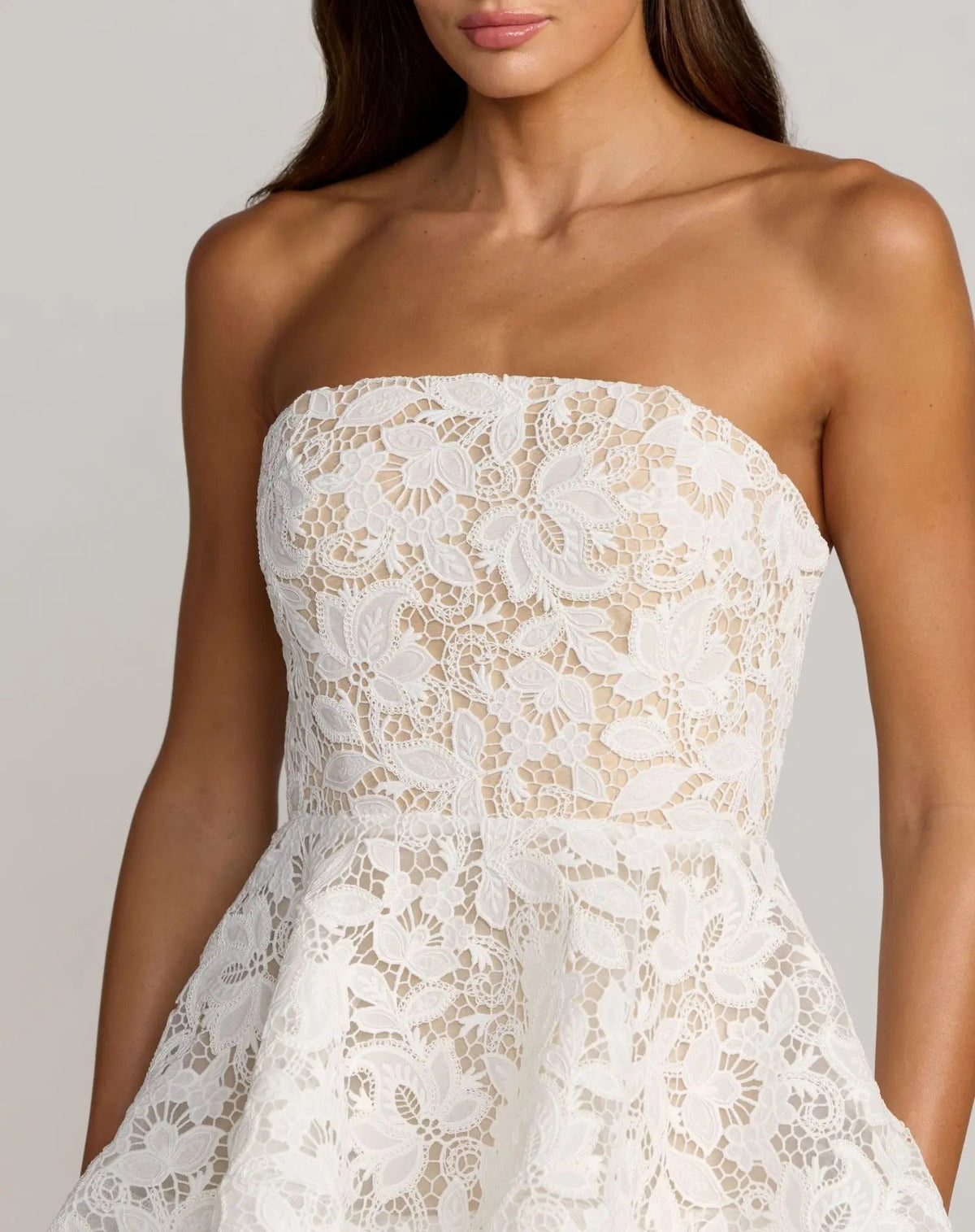 Ivory Strapless Lace Tiered Ruffle Midi Dress