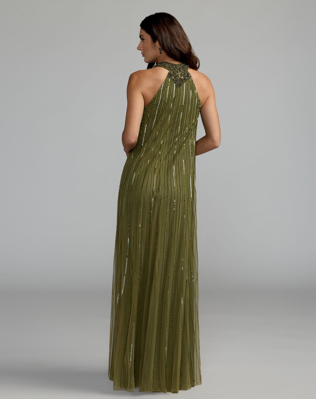 Olive Sleeveless Halter Embellished Trapeze Gown