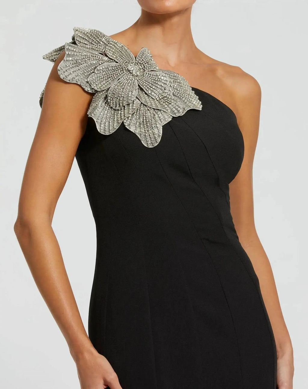 Petite Black One Shoulder Trumpet Gown With Crystal Flower