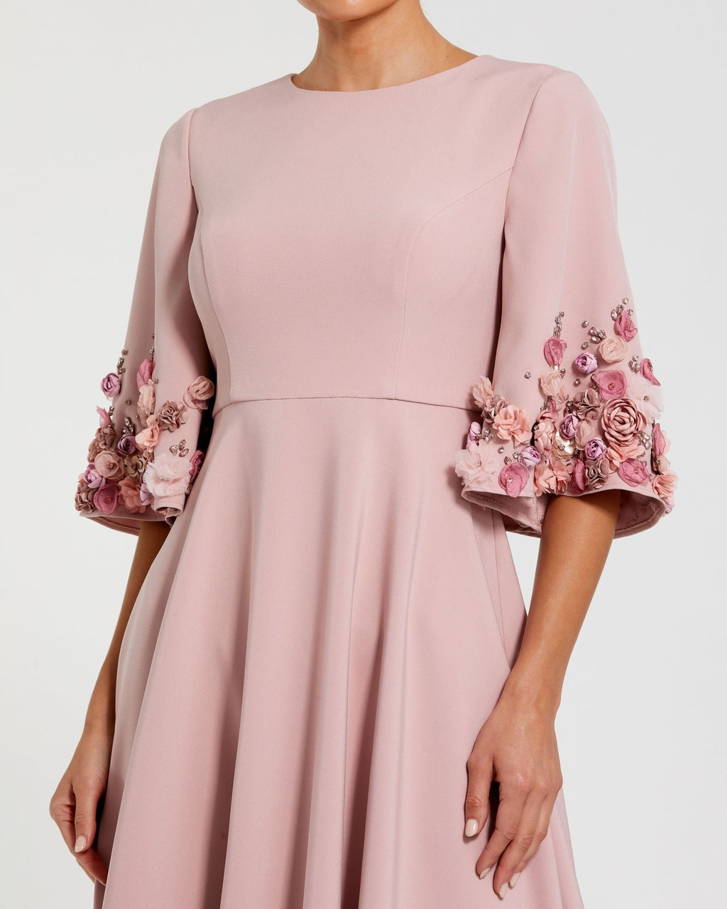 Petite Rose Pink Crepe 3/4 Sleeve A-line Gown With Flower Trim
