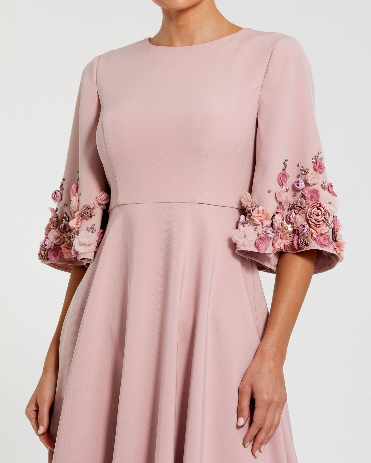 Petite Rose Pink Crepe 3/4 Sleeve A-line Gown With Flower Trim