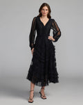 Black Long Sleeve V-Neck Micro Ruffle Midi Dress