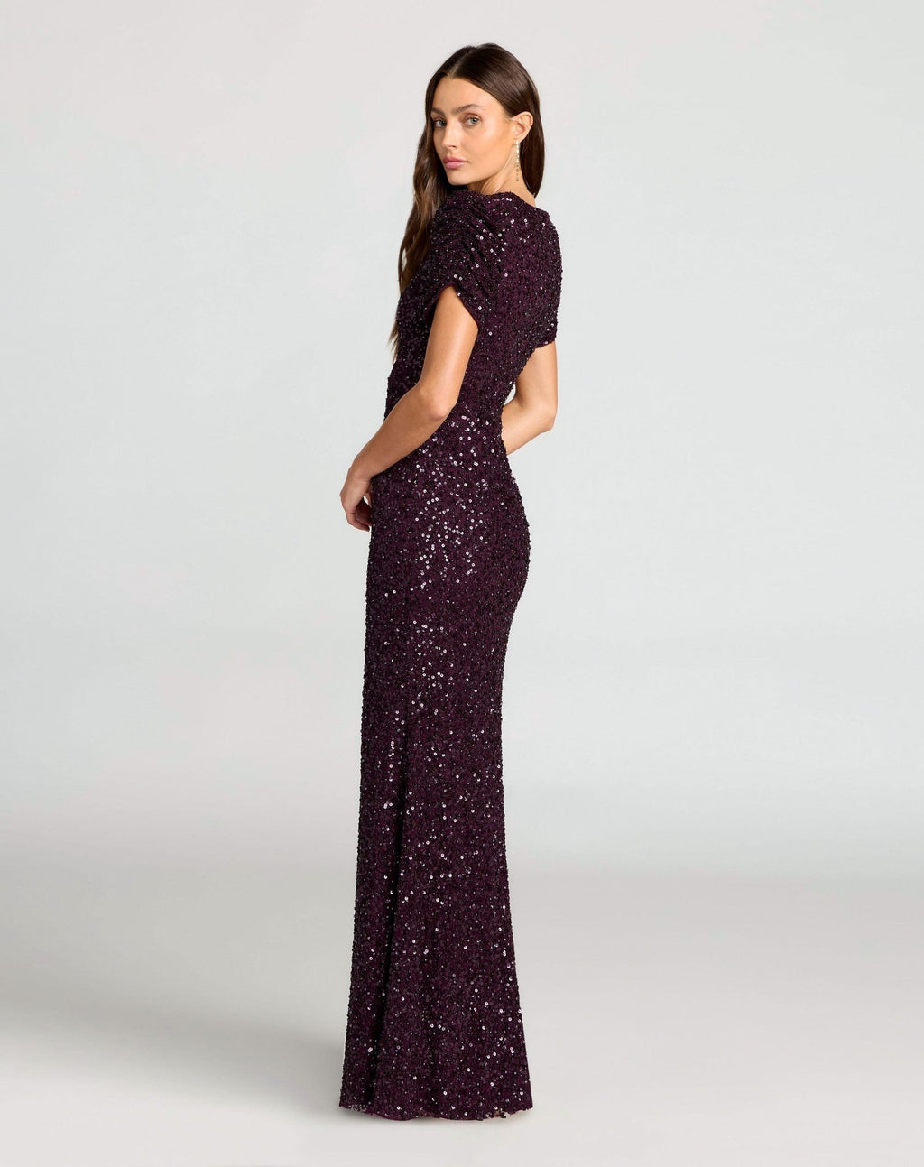 Blackberry Gathered Short Sleeve Embellished Gown